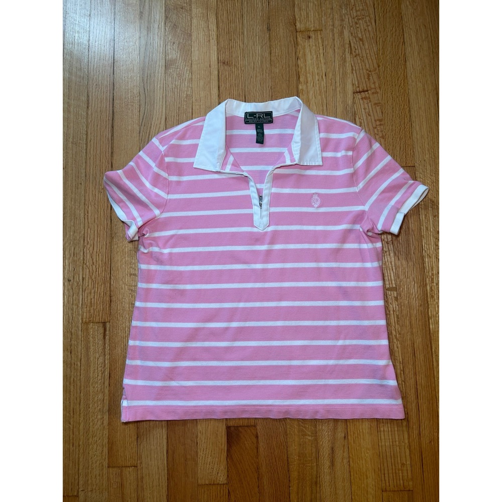 Lauren Active Ralph Lauren Pink White Striped Quarter Zip Polo Shirt XL